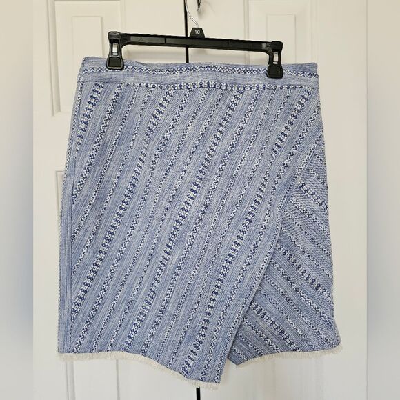 Ann Taylor LOFT Skirt Women’s Sz 10 Blue White Overlay Fringe Cotton Lined Boho - Picture 1 of 10